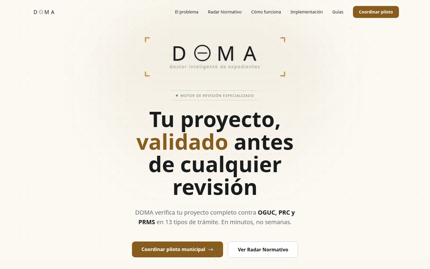 Página pública de DOMA: «Tu proyecto, validado antes de cualquier revisión»